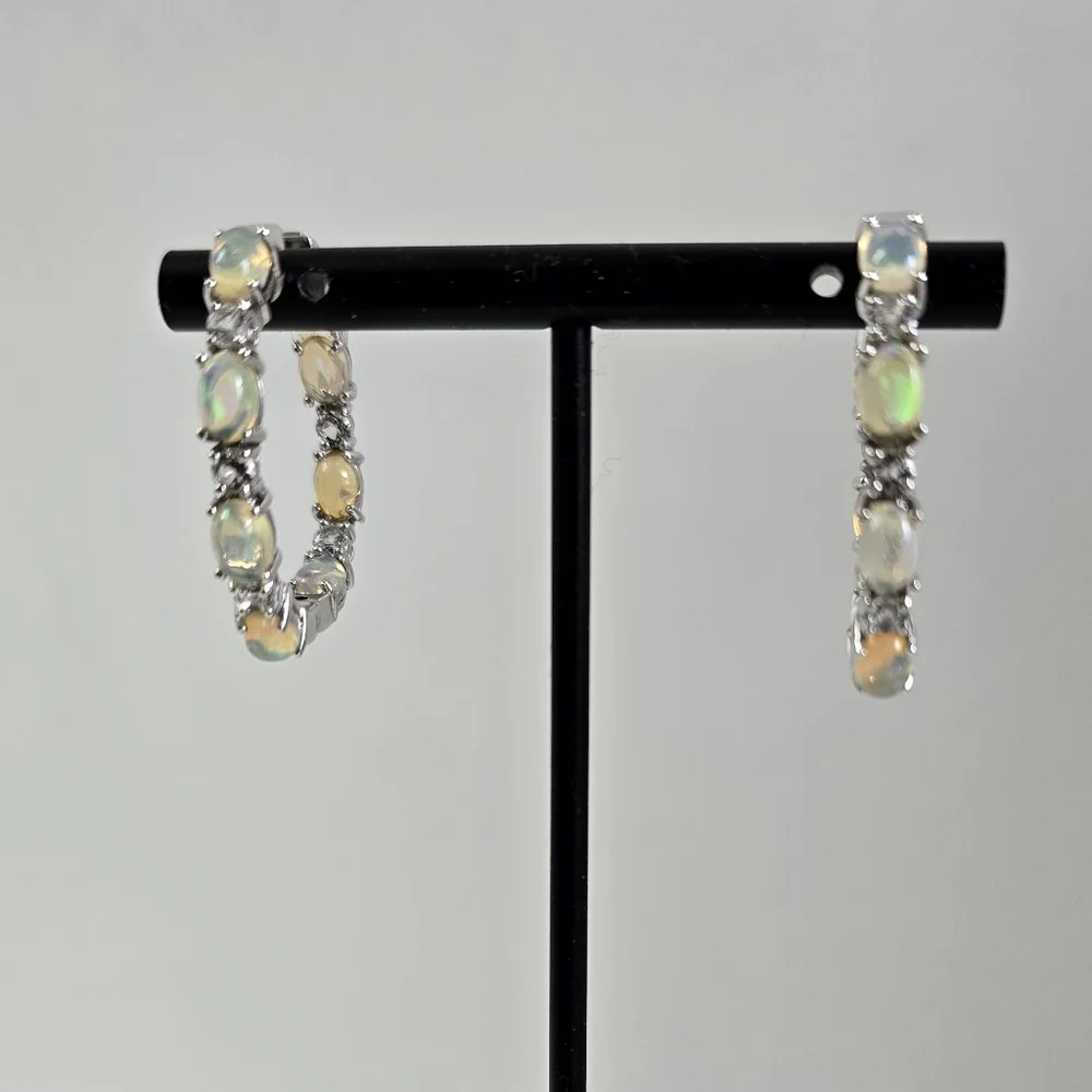 Watch Video / Extraordinary Sterling Silver 925 Opal Hoop Earrings